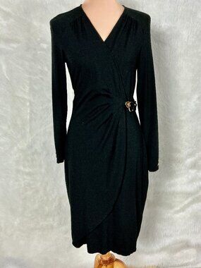 Cache Vintage 90s Black Faux Wrap Gold Tone Buckle Jersey Midi Sheath Dress L